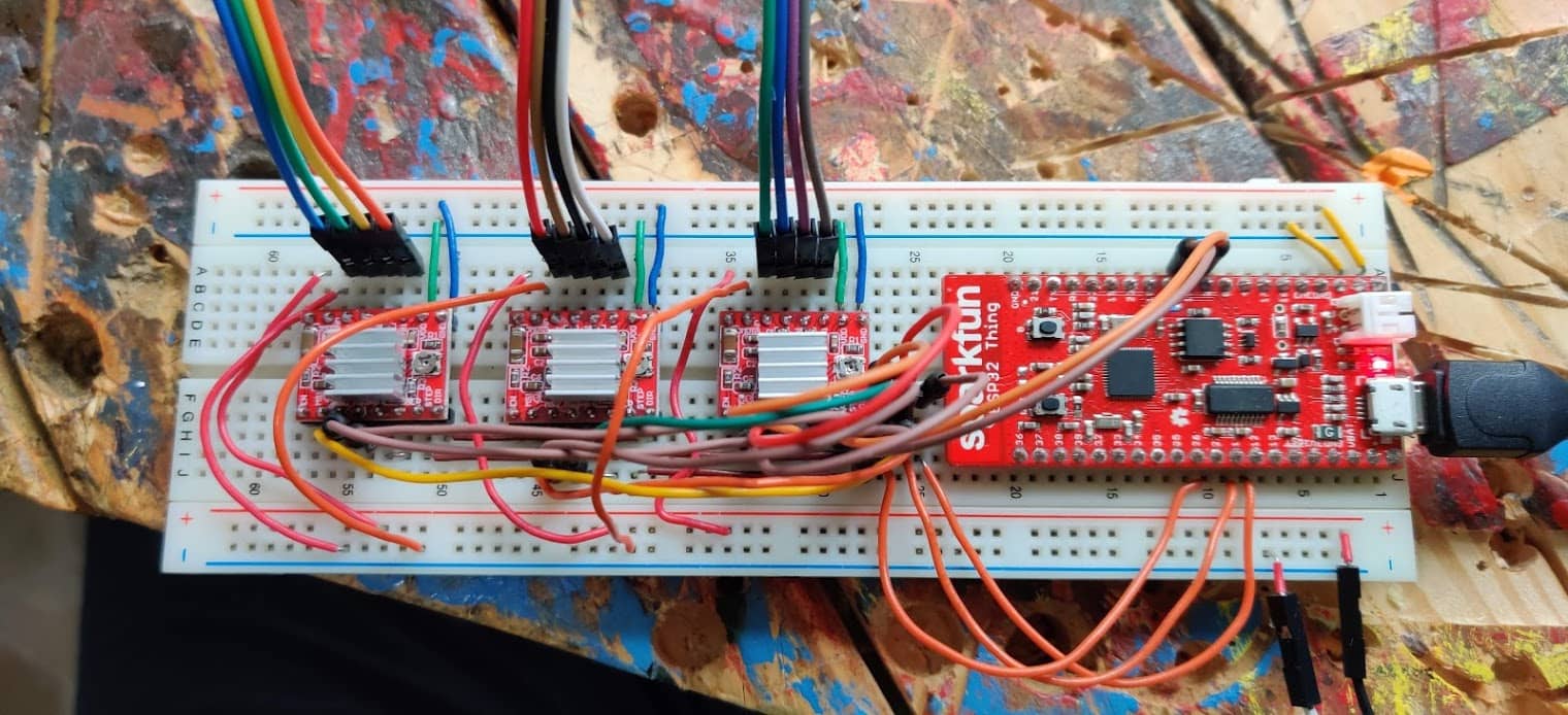 Sparkfun ESP32 Bluetooth controller paired with 3x Stepper motor controllers.
